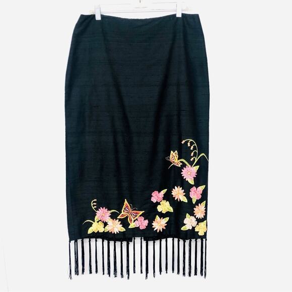 Vintage Maggy L Black Silk Embroidered Fringe Skirt Y2K Romantic Fairygoth - Picture 16 of 16
